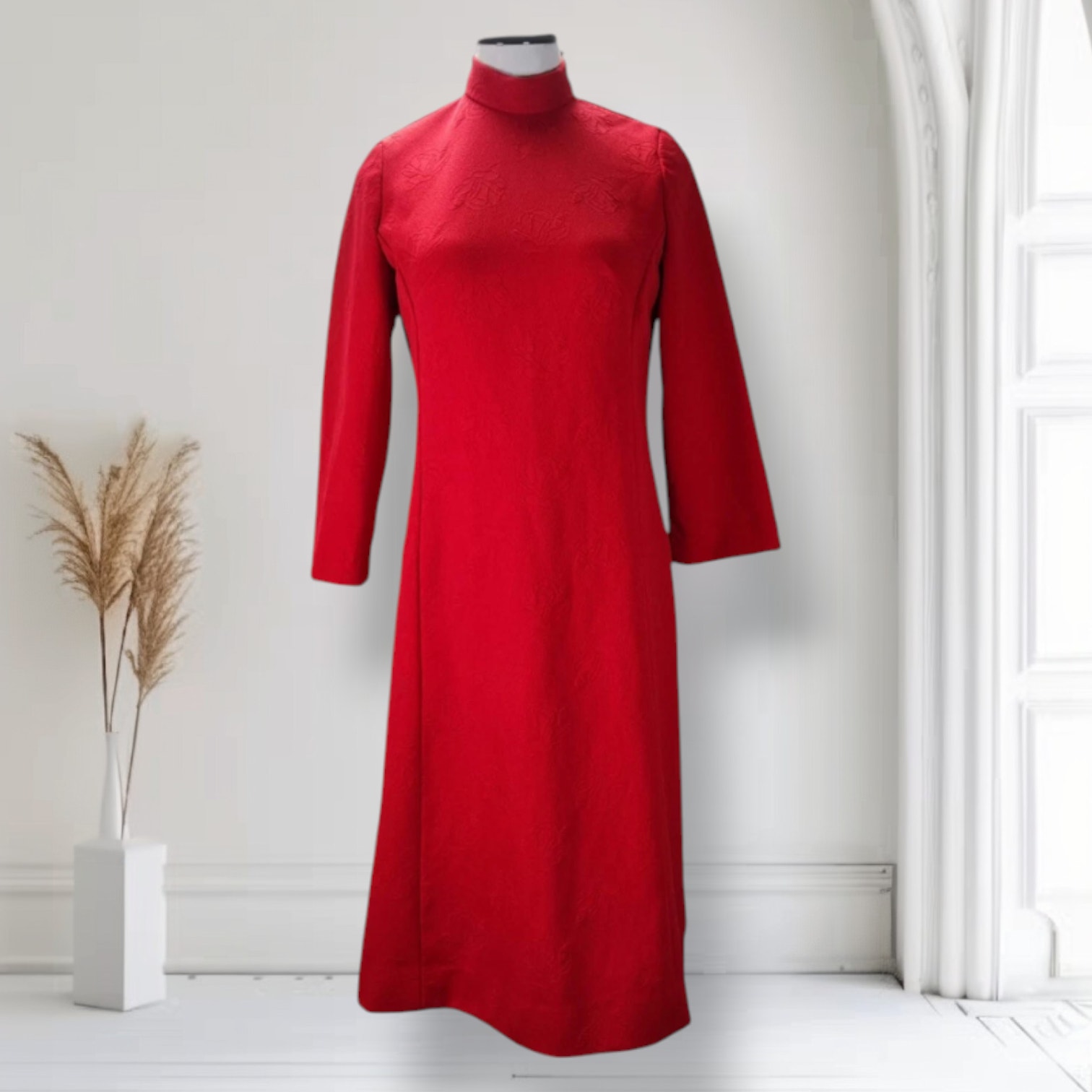 Vintage 60s Red Midi Dress Size L Mock Neck Floral Jacquard Knit Polyester